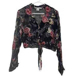 Just the Girls Size M Sheer Floral Top Cropped Tie Button Front Fairy Grunge